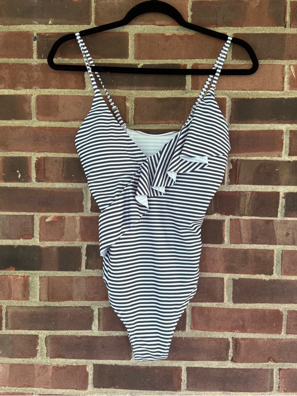 Sureforu Striped Ruffle One Piece Swimsuit V Neck Blue White Small NWT